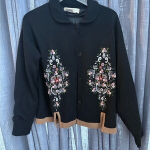 Embroidered Black Cardigan with Floral Design size m cottage core stitching